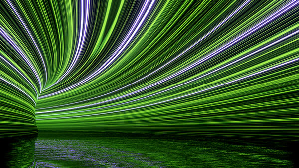 Abstract curved tunnel of green LED light to represent speed and profitability of iCoreConnect